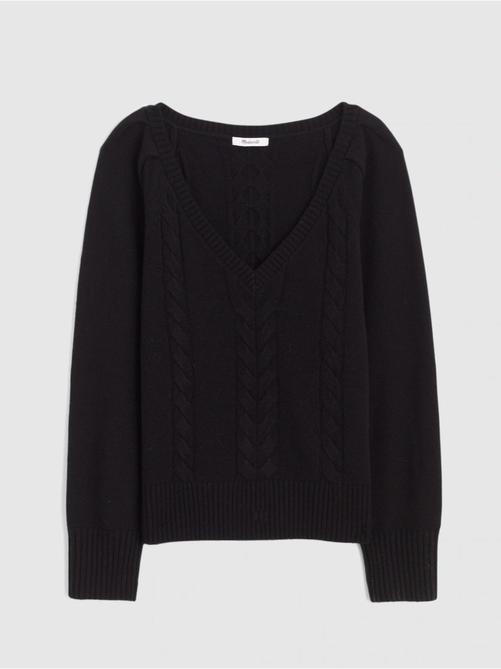 Madewell 100% Merino Wool Black V-Neck Cable Knit Sweater -